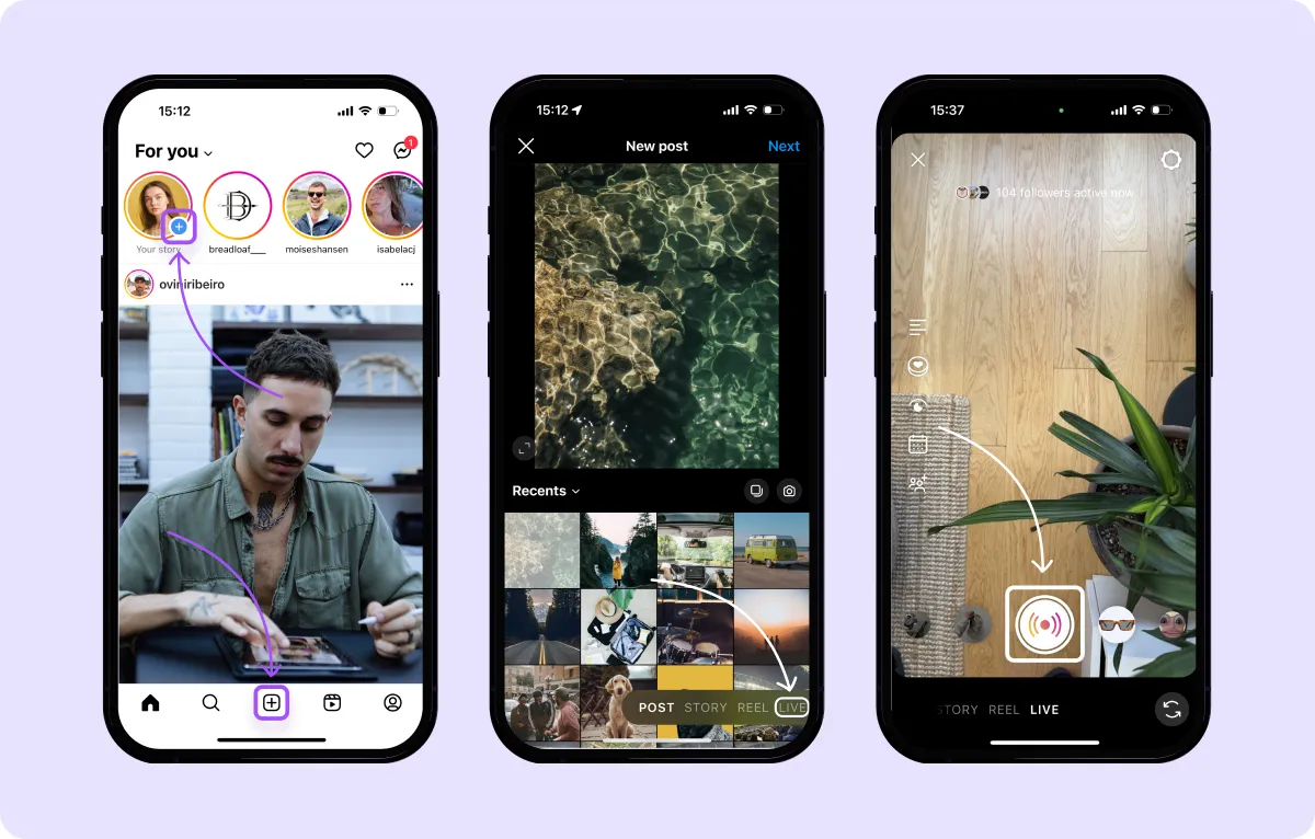 Três telas de telefone mostrando como fazer uma transmissão ao vivo no Instagram