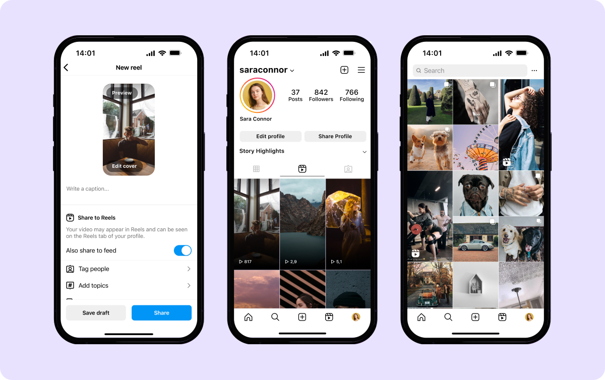 Image of three phone screens showing Instagram’s share screen, an explore page, and a person’s profile