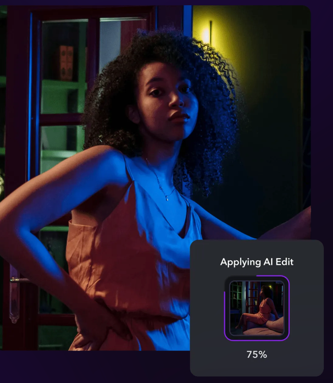 Image showing AI edit progress at 75% on a portrait photo with dramatic lighting.
