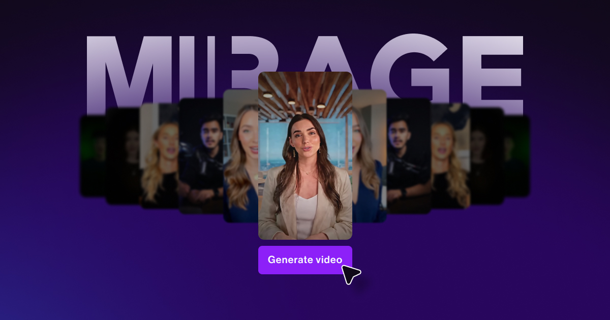 The Mirage logo with vertical talking videos of generated people overlaid on top and a purple 'Generate Video' button underneath the center video.