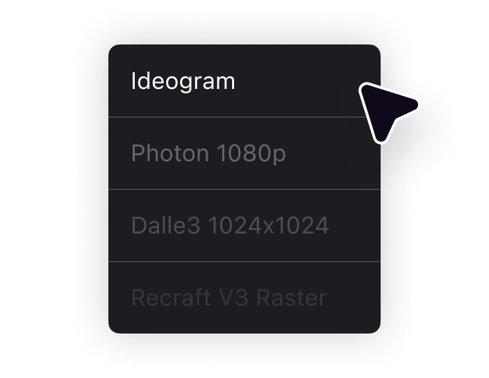 A cursor selecting Ideogram from a list of AI image generation models.