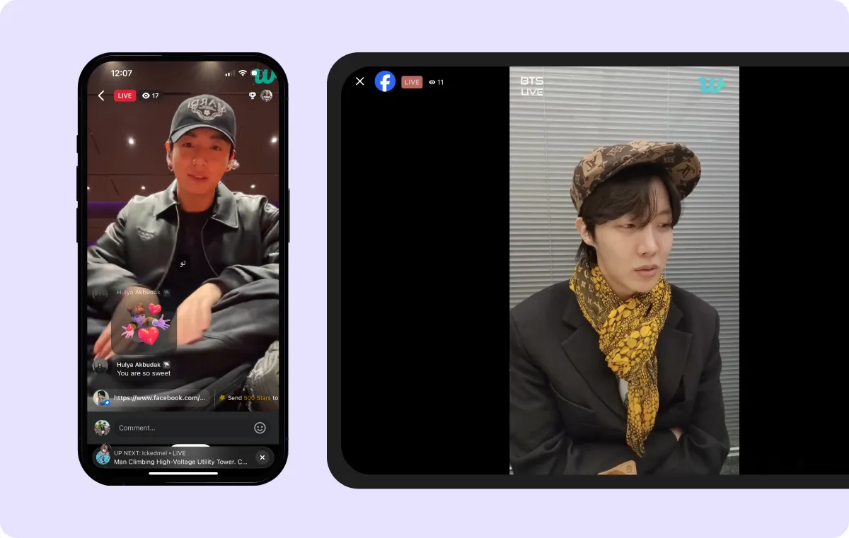 A screenshot showing Facebook Live on both mobile and PC screens.