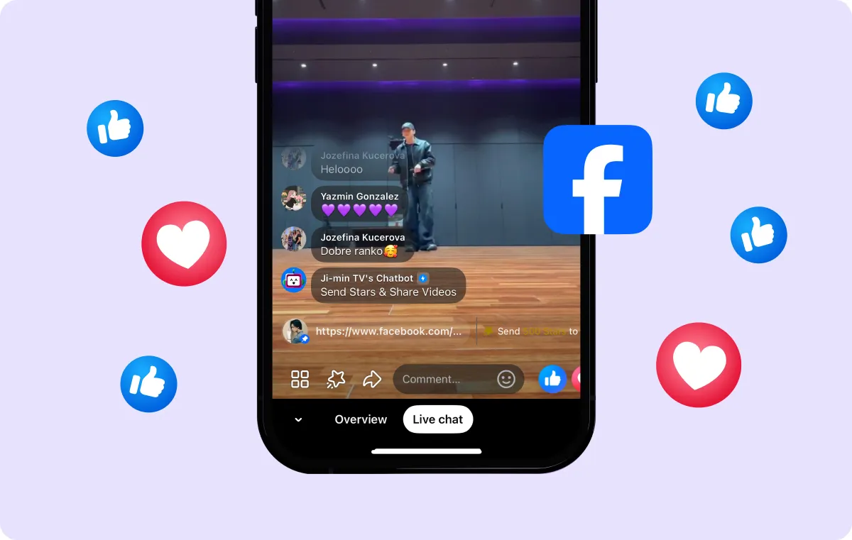 A Facebook Livestream displayed on a mobile screen with audience reaction icons visible.
