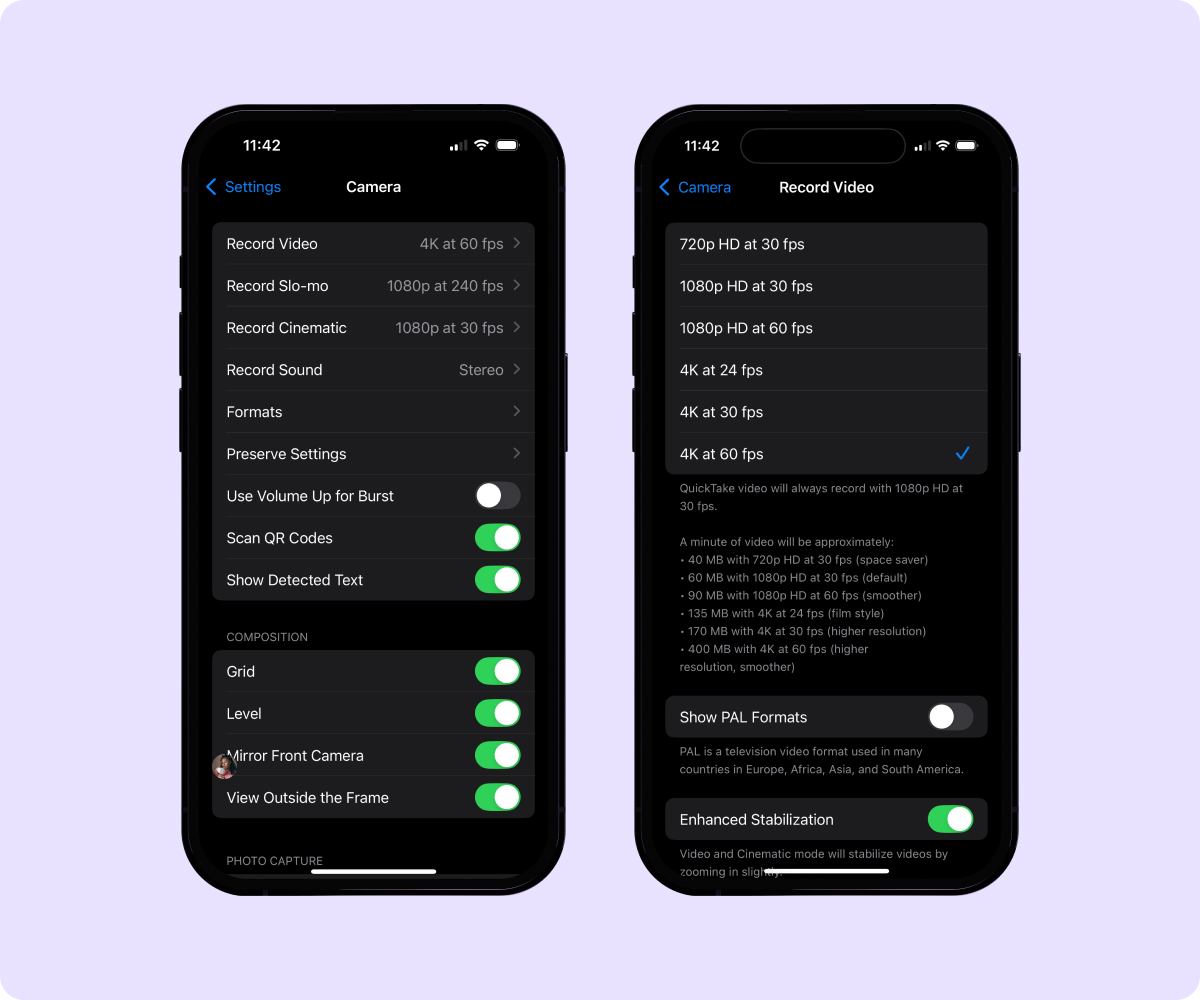 A screenshot of iPhone settings on reducing video size before filming.