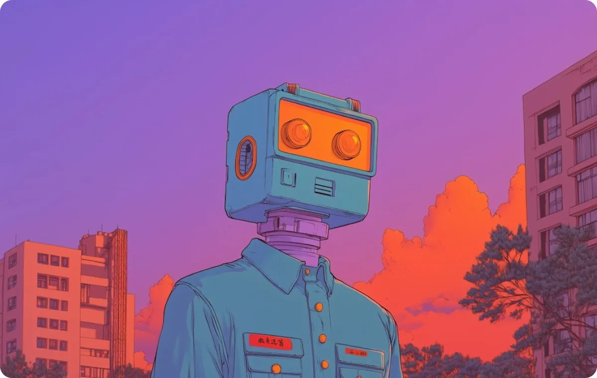 A painted picture of a robot made with AI.