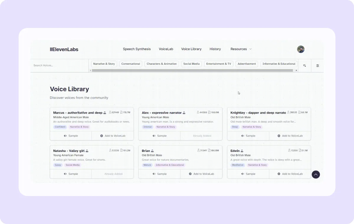 A screenshot of ElevenLabs’ voice library for voice generation and sound effects.