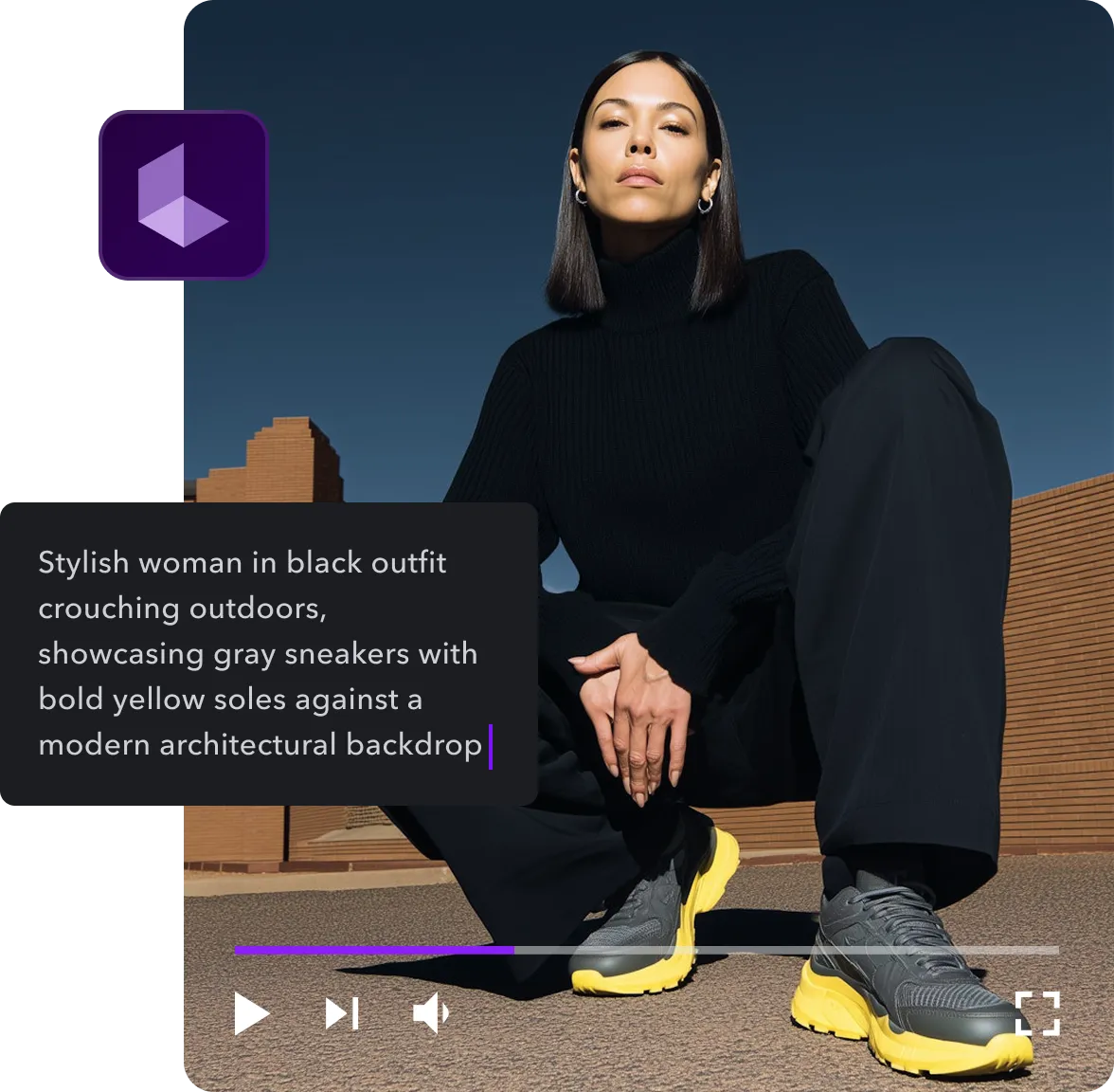 An AI-generated video created from a text prompt, with a "Generate" button visible.