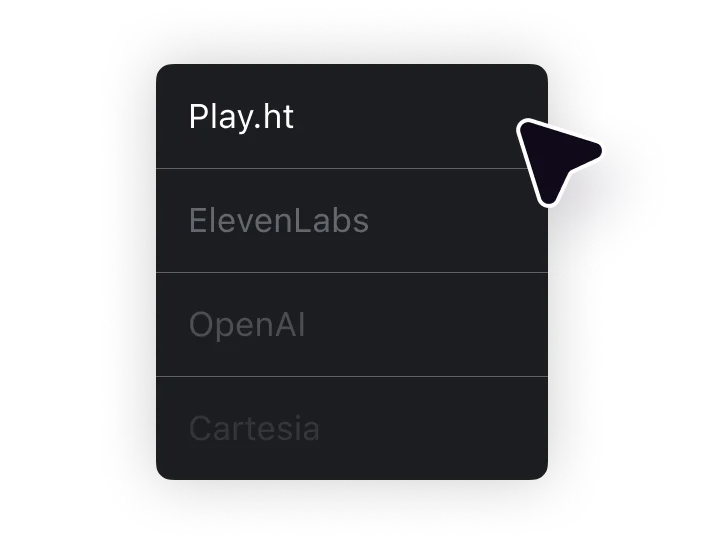 A cursor selecting the “PlayHT AI Voice Generator” from a list of AI voice generation models.