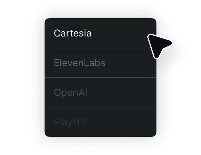 Um cursor selecionando a ferramenta Cartesia AI Text to Speech em uma lista de modelos de geração de vídeo AI.