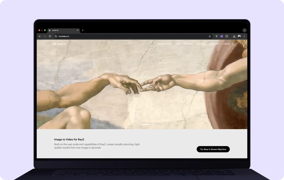 Interface Luma AI exibindo vídeos de alta qualidade gerados por IA a partir de texto e imagens.