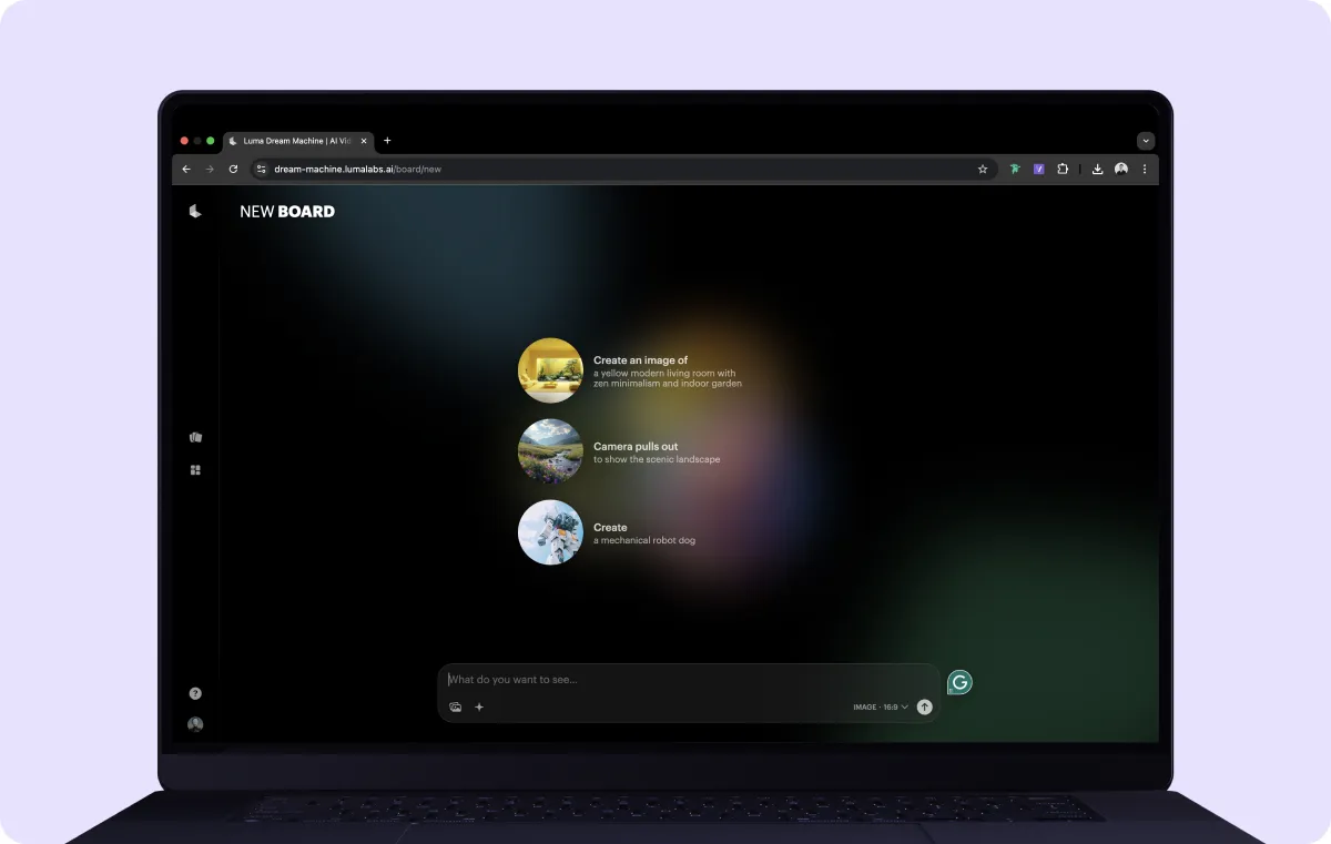Luma AI upload interface with a drag-and-drop file selection area and help options.