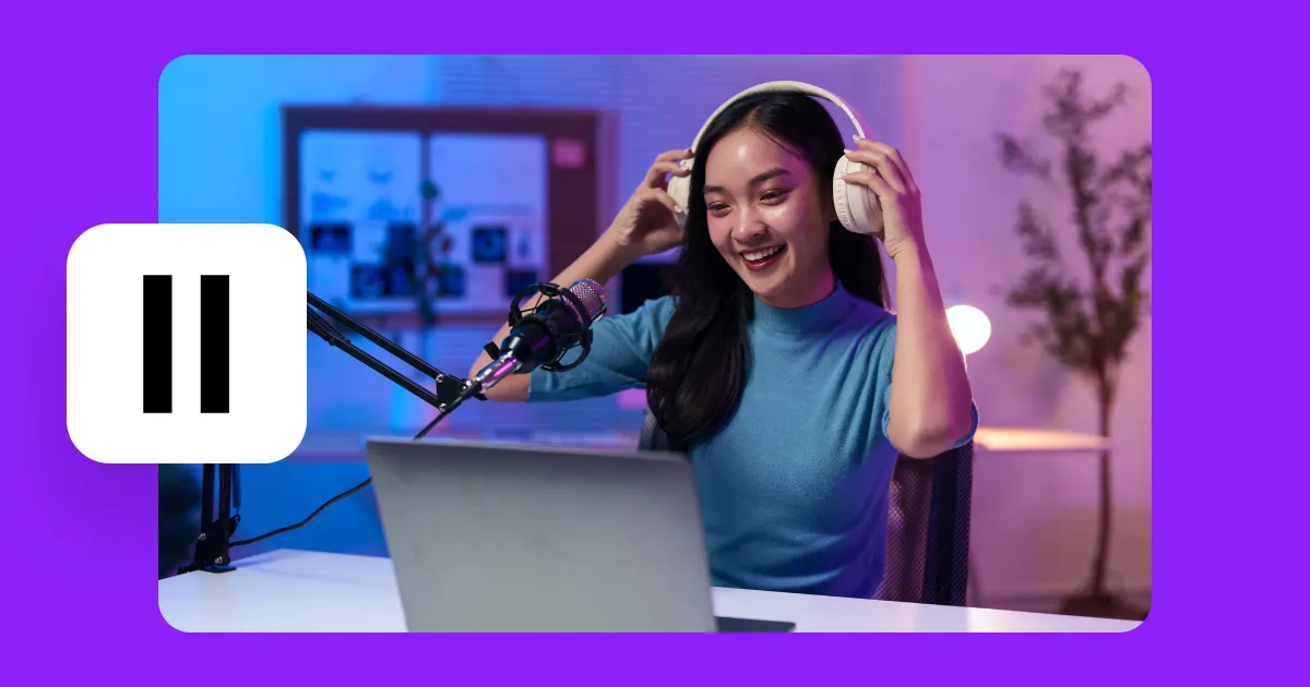 An illustration of a content creator with headphones, a computer, and a microphone.