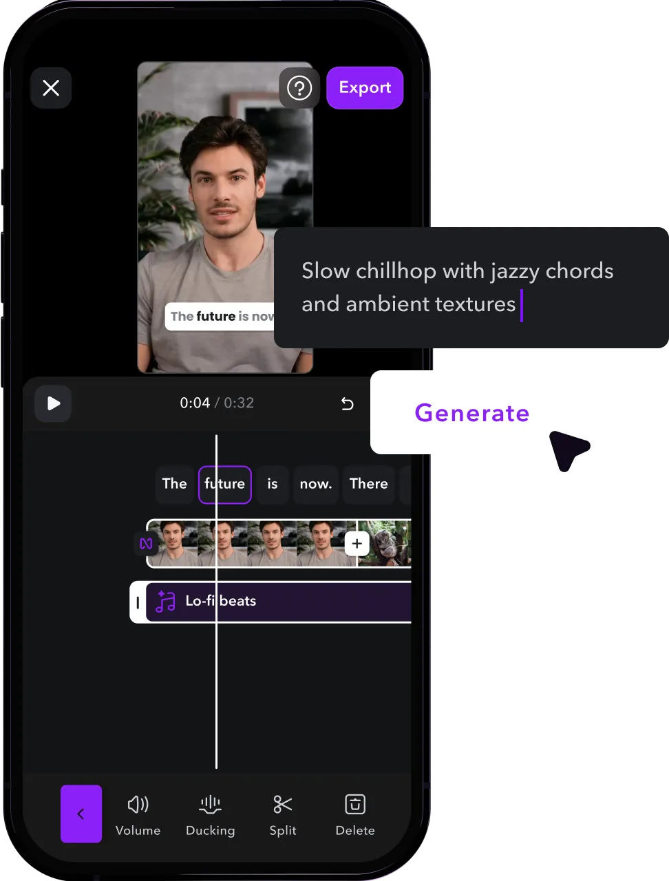 Captions’ video editor showcasing the integration of AI music in the video. 