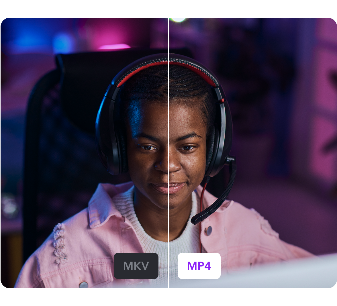 A split-screen image showing MKV to MP4 video conversion with no loss in quality.