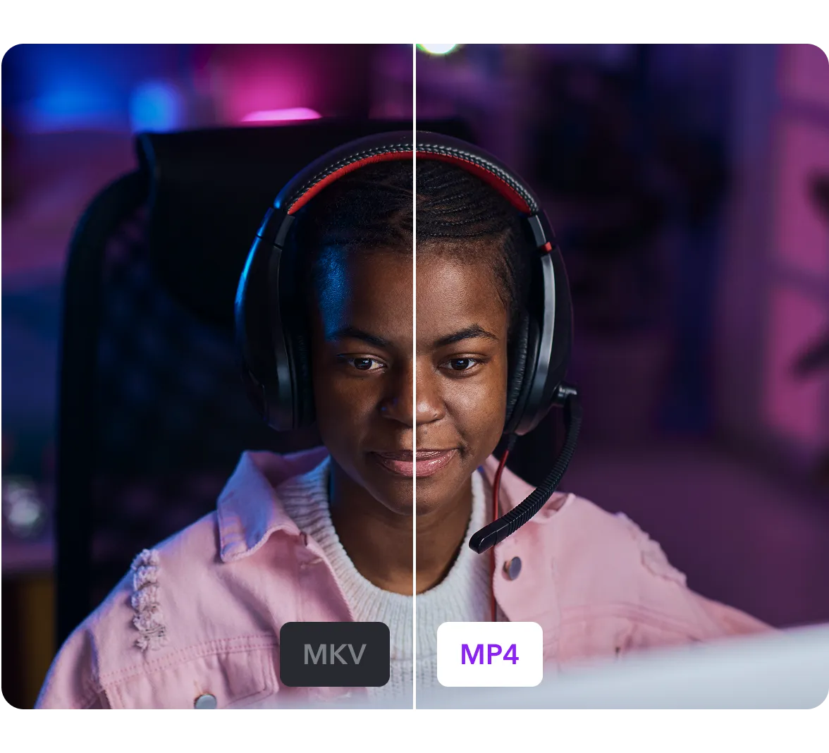 A split-screen image showing MKV to MP4 video conversion with no loss in quality.