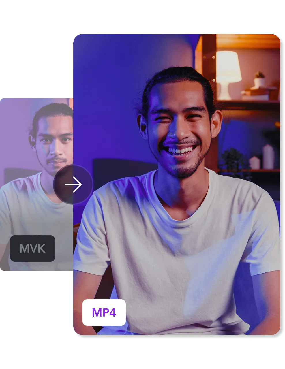 Man smiling in a well-lit room, with a visual showing video format conversion from MVK to MP4.