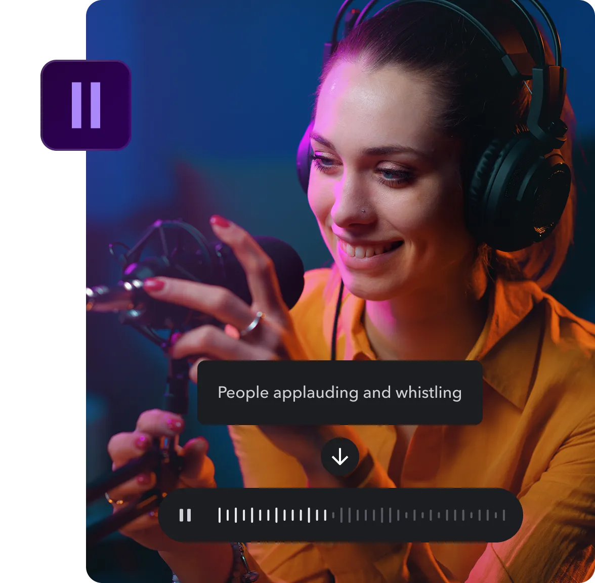 An image of a creator recording a podcast overlaid by a text box with a prompt and audio waveform. 