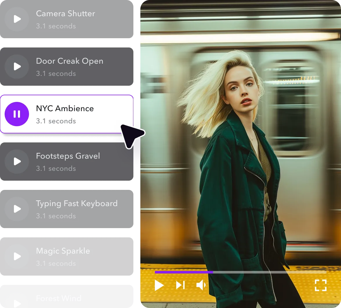 A split-screen interface showing a sound effects selection menu on the left and a blurred motion photo of a woman standing at a subway platform on the right.