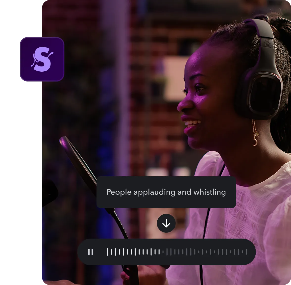 A content creator recording her voice with an AI prompt over the image and sound waves