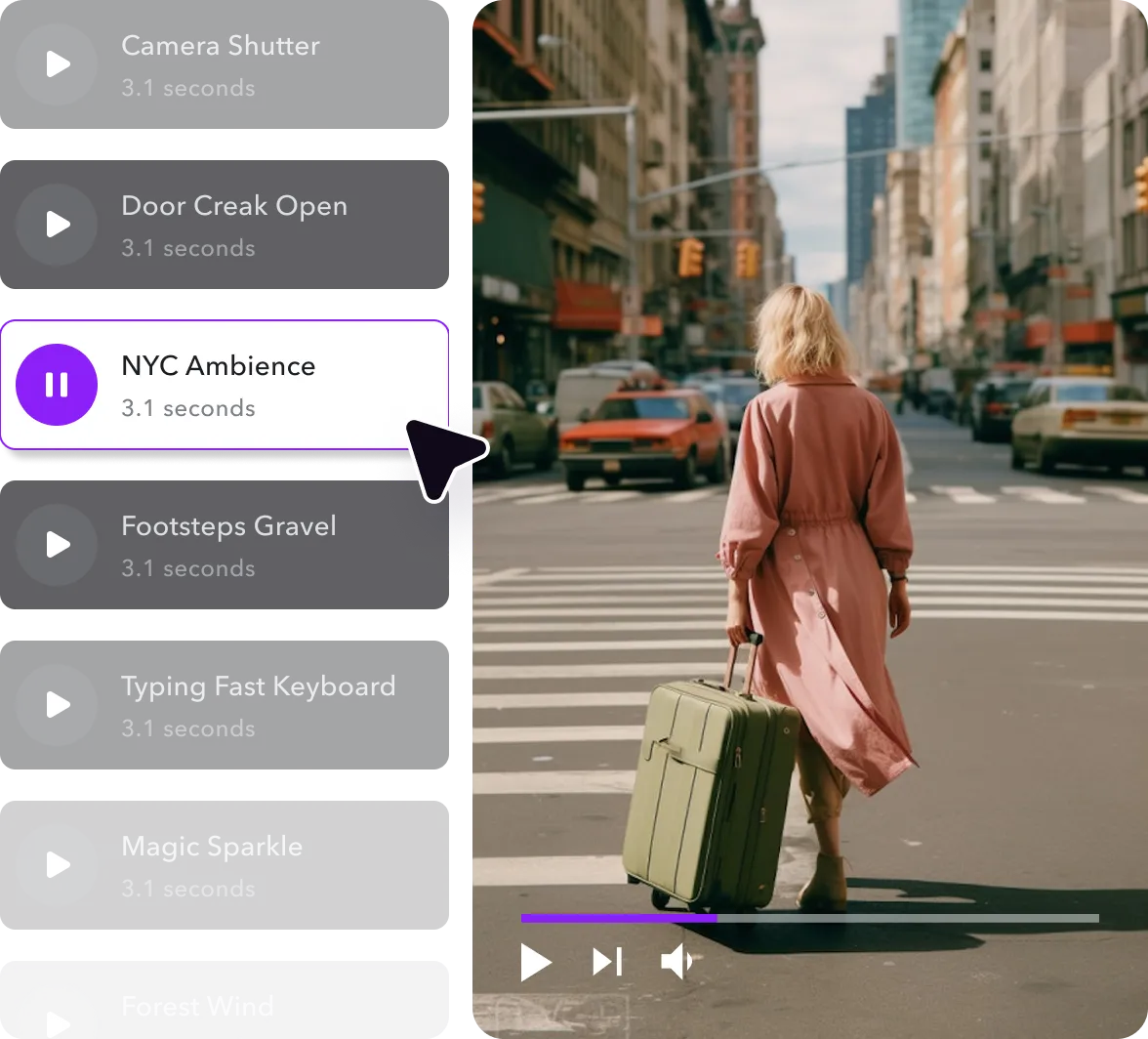 A split-screen interface showing a sound effects selection menu on the left and a photo of a woman crossing the street.