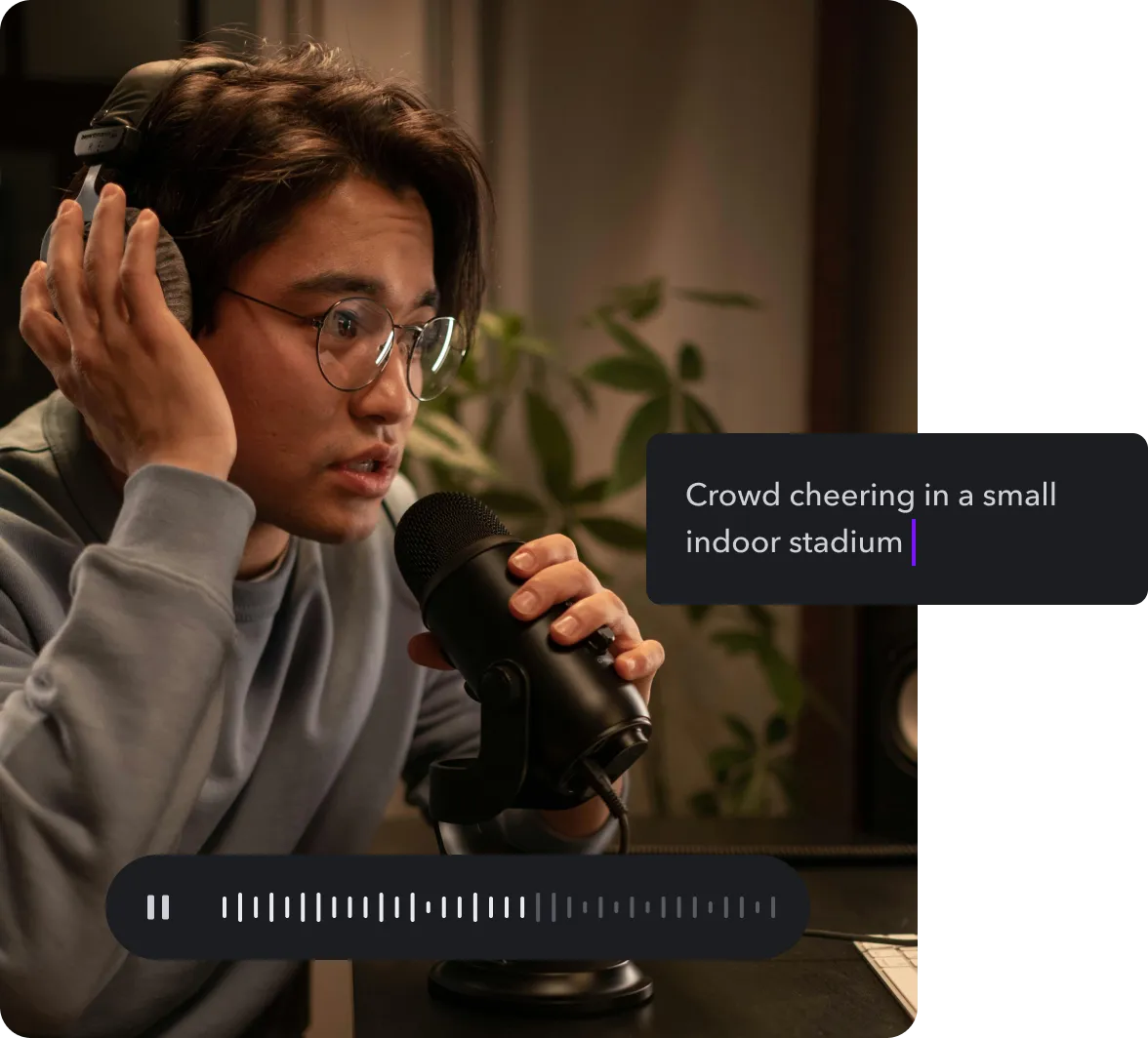 A content creator recording his voice, an AI prompt and a sound wave