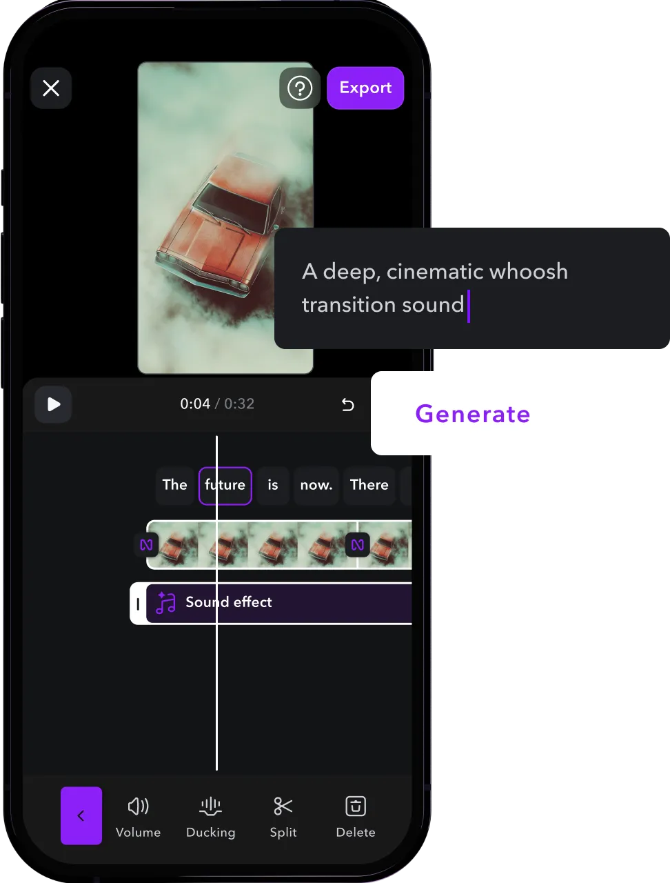 Text prompt for transition sounds with an AI platform generating cinematic transition sounds.