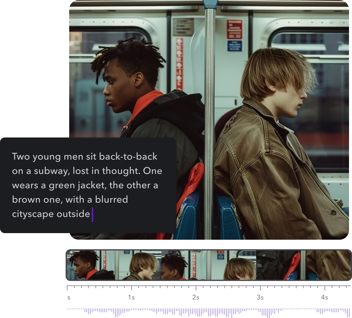 A frame of a video with two man in the subway. On the left is the text prompt used to create it.