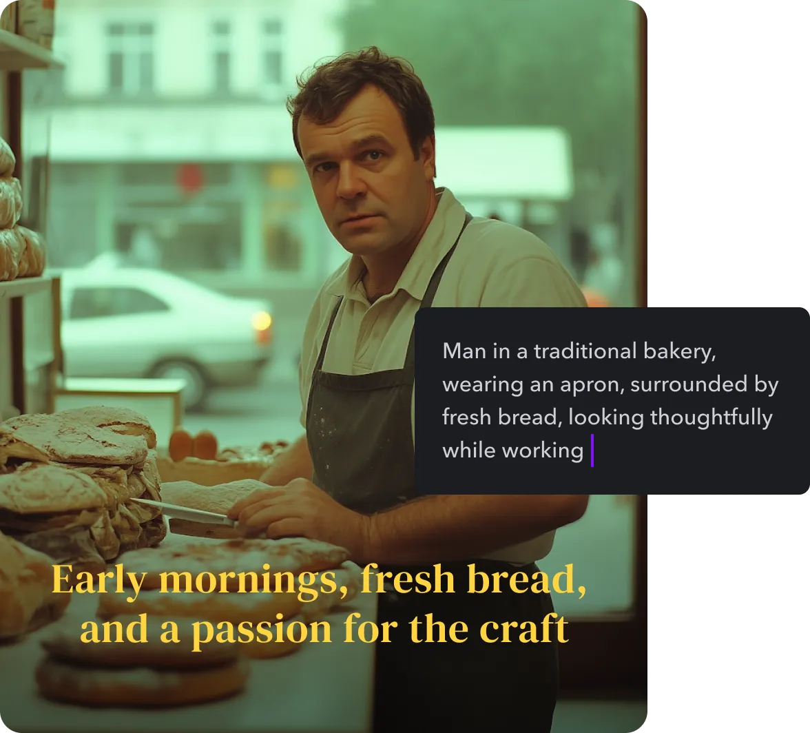 A video frame showing a baker in action, with a vintage effect and text overlay. On the right side, the prompt used to create the video is displayed.