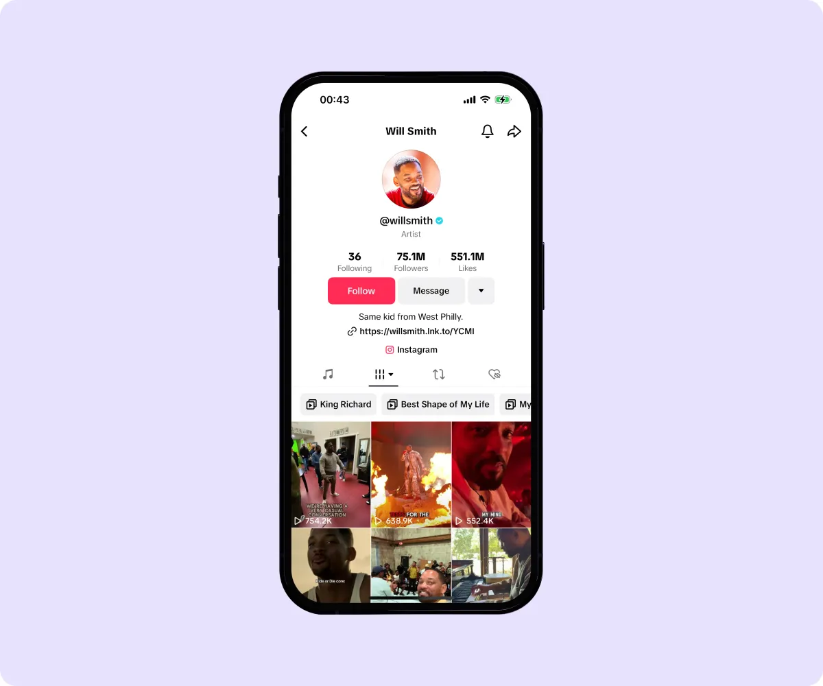 A screenshot of Will Smith's TikTok account