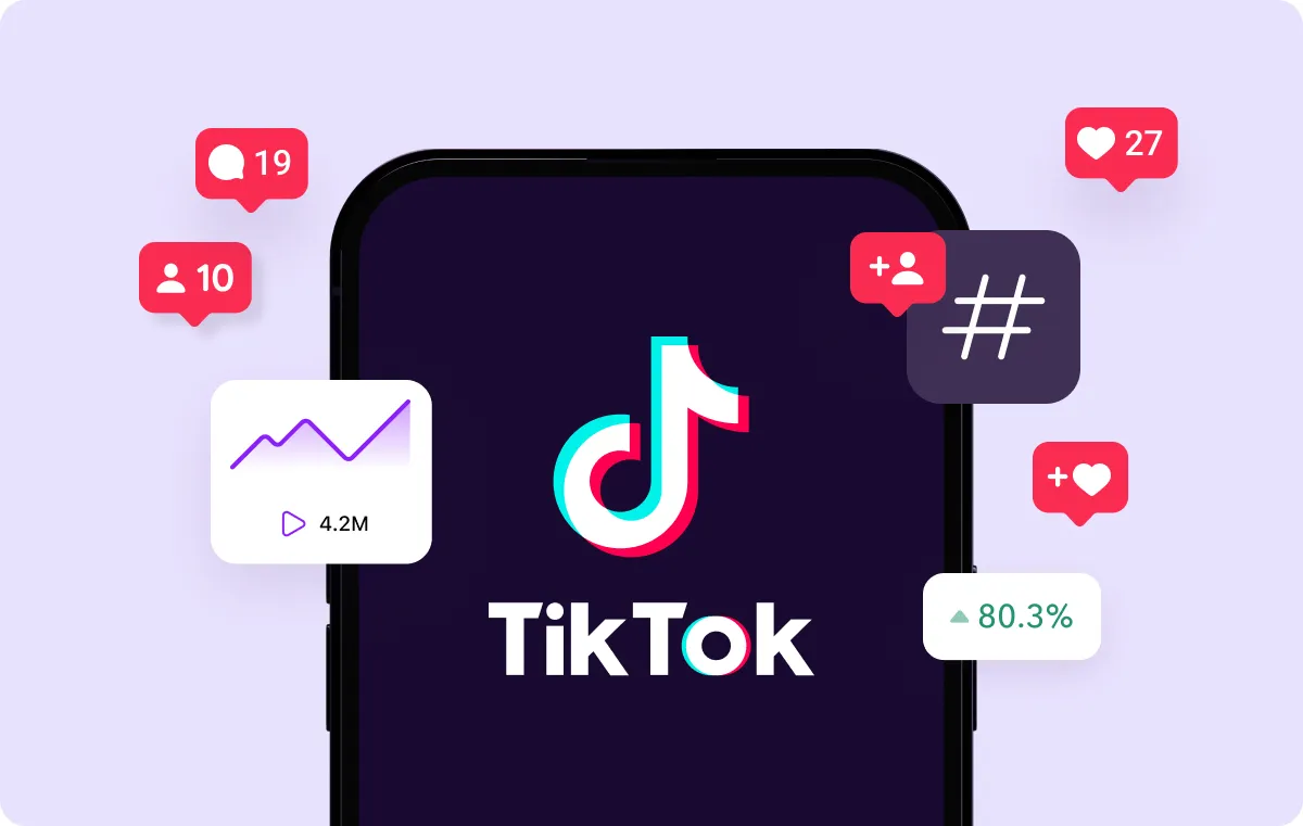 An illustration of TikTok's logo inside a phone with metrics on the sides.