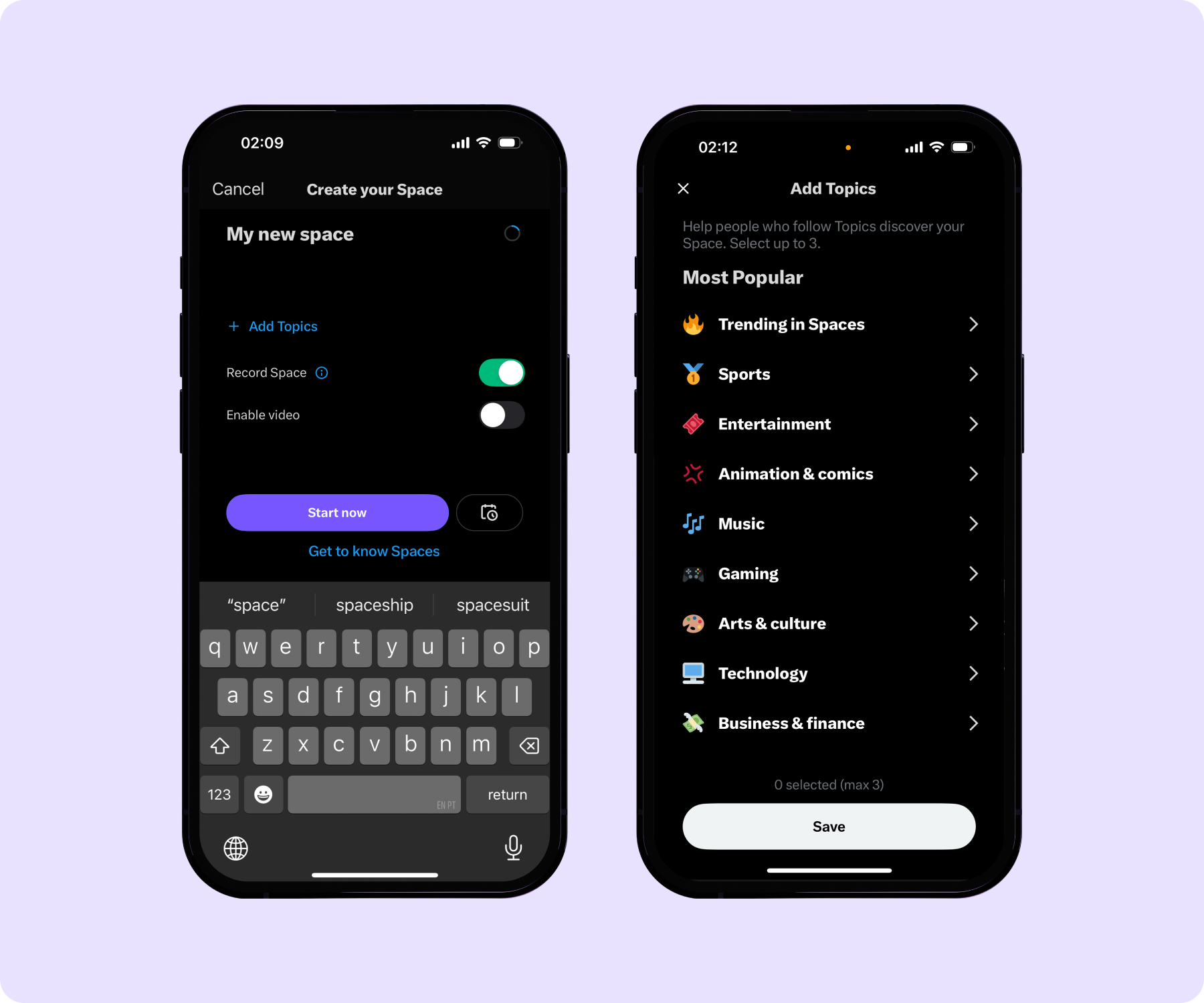 Screenshots highlighting how to create a Space on X