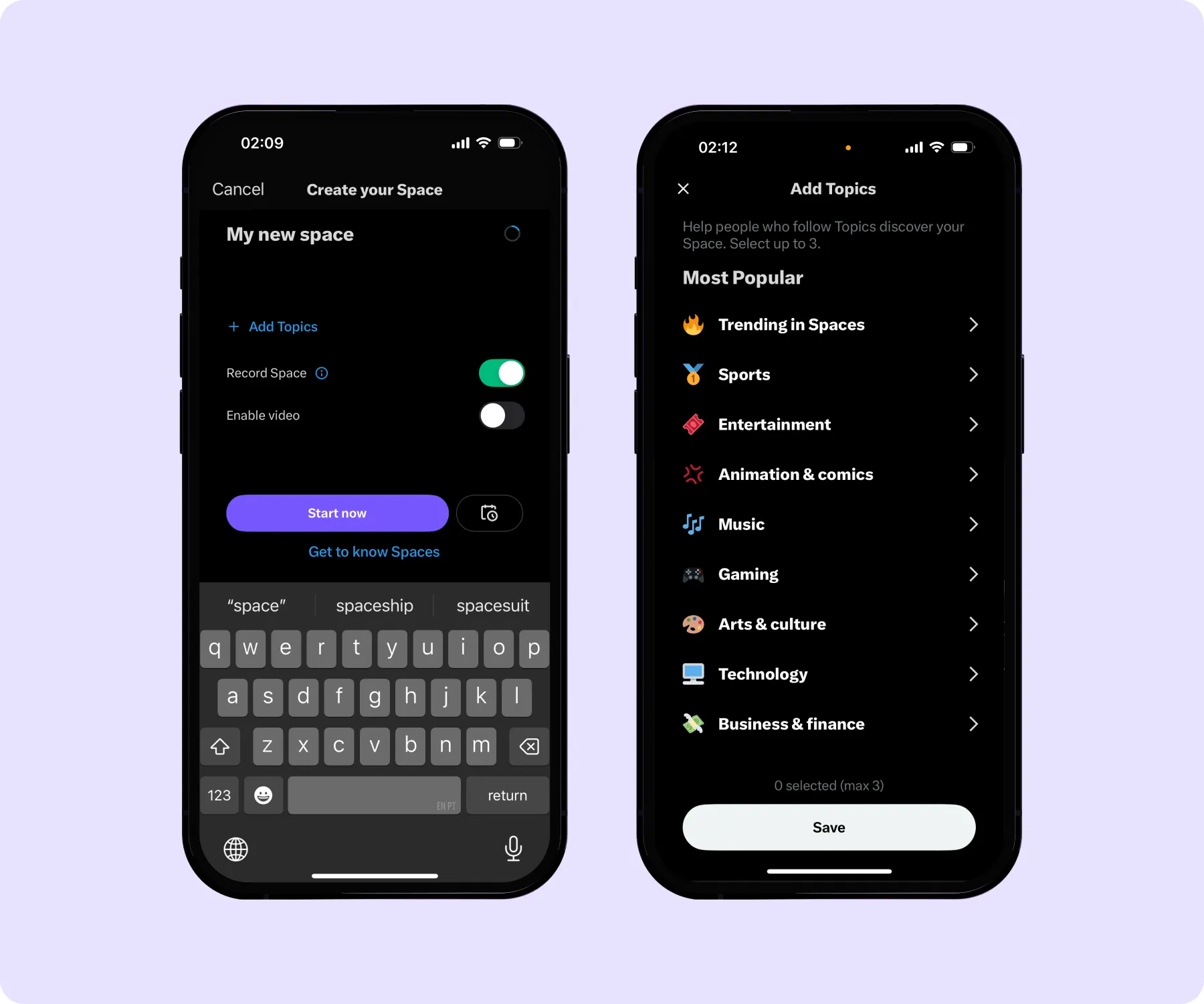 Screenshots highlighting how to create a Space on X