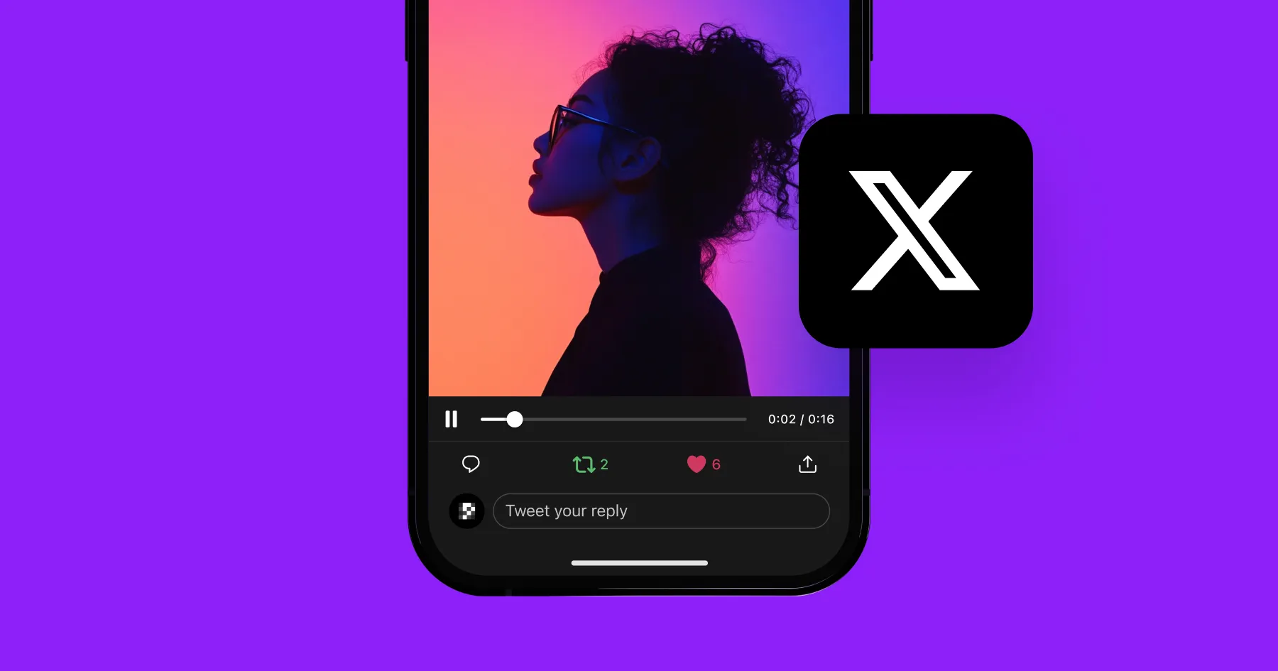 A composition featuring a phone showing a video on X, and the X logo on the right