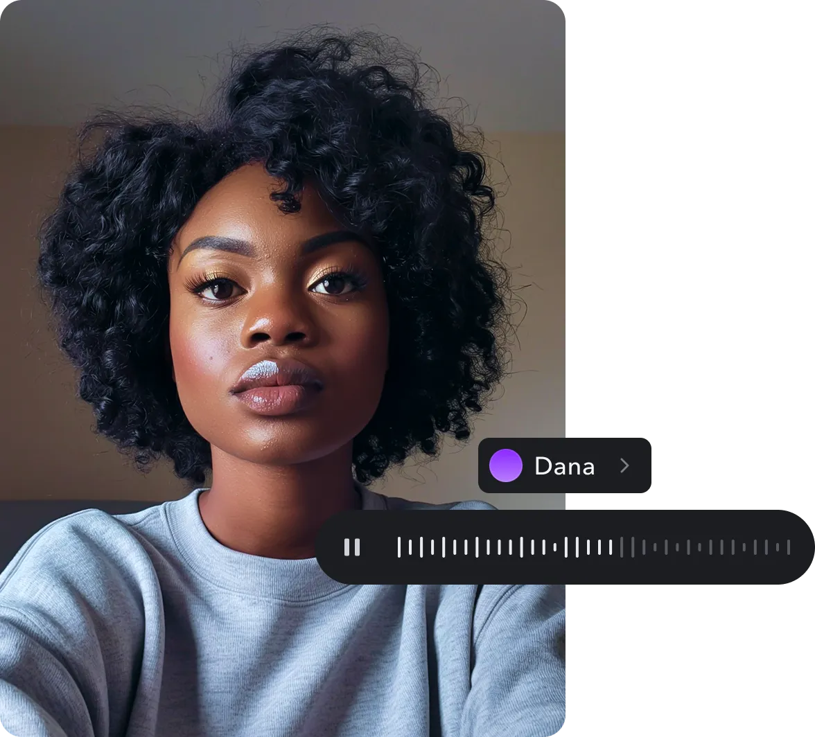 Uma caixa de aviso indicando fala, um botão “Generative AI Voice” e o prompt sendo convertido em fala com Captions.