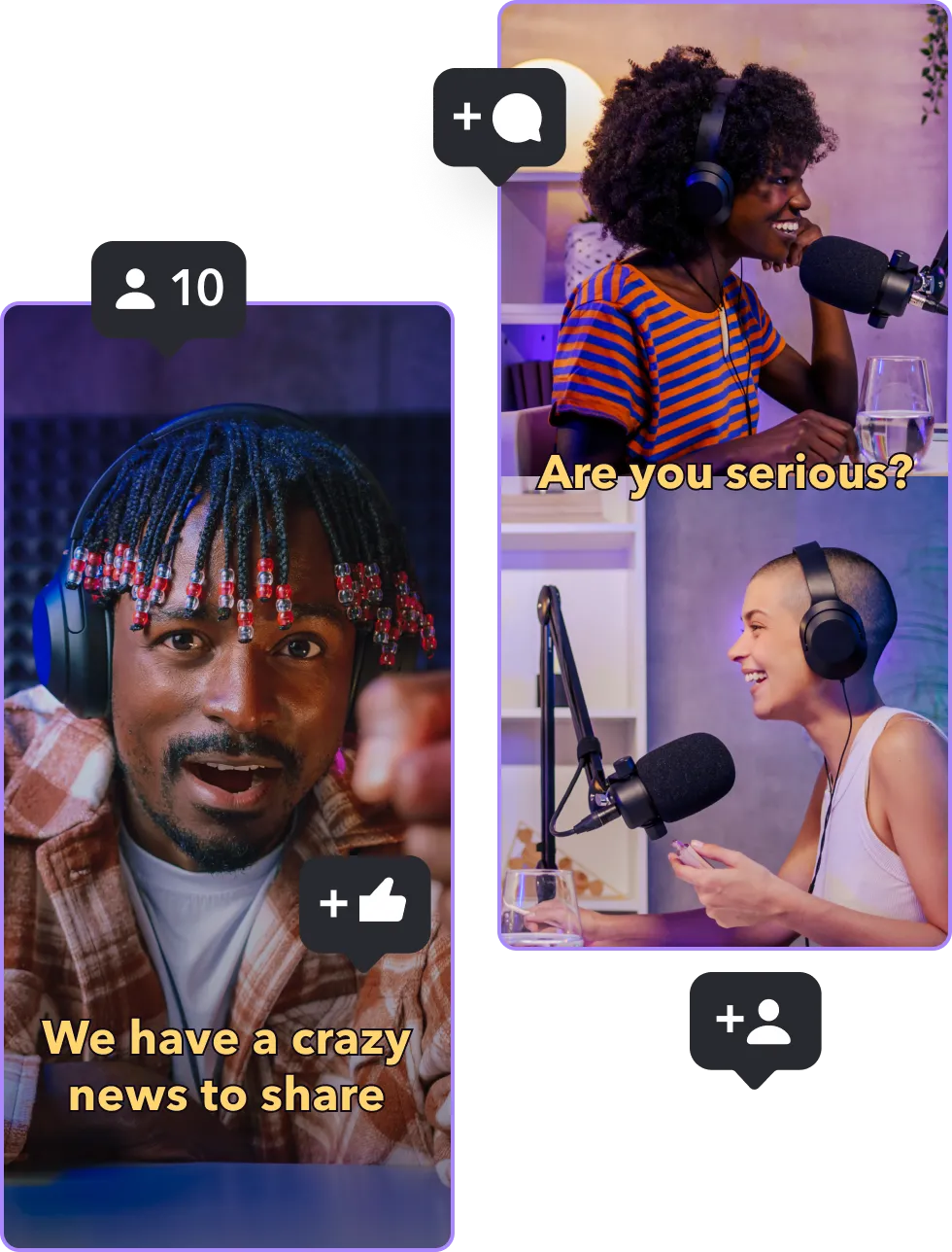Dois clipes com Captions vários ícones de engajamento nas redes sociais.