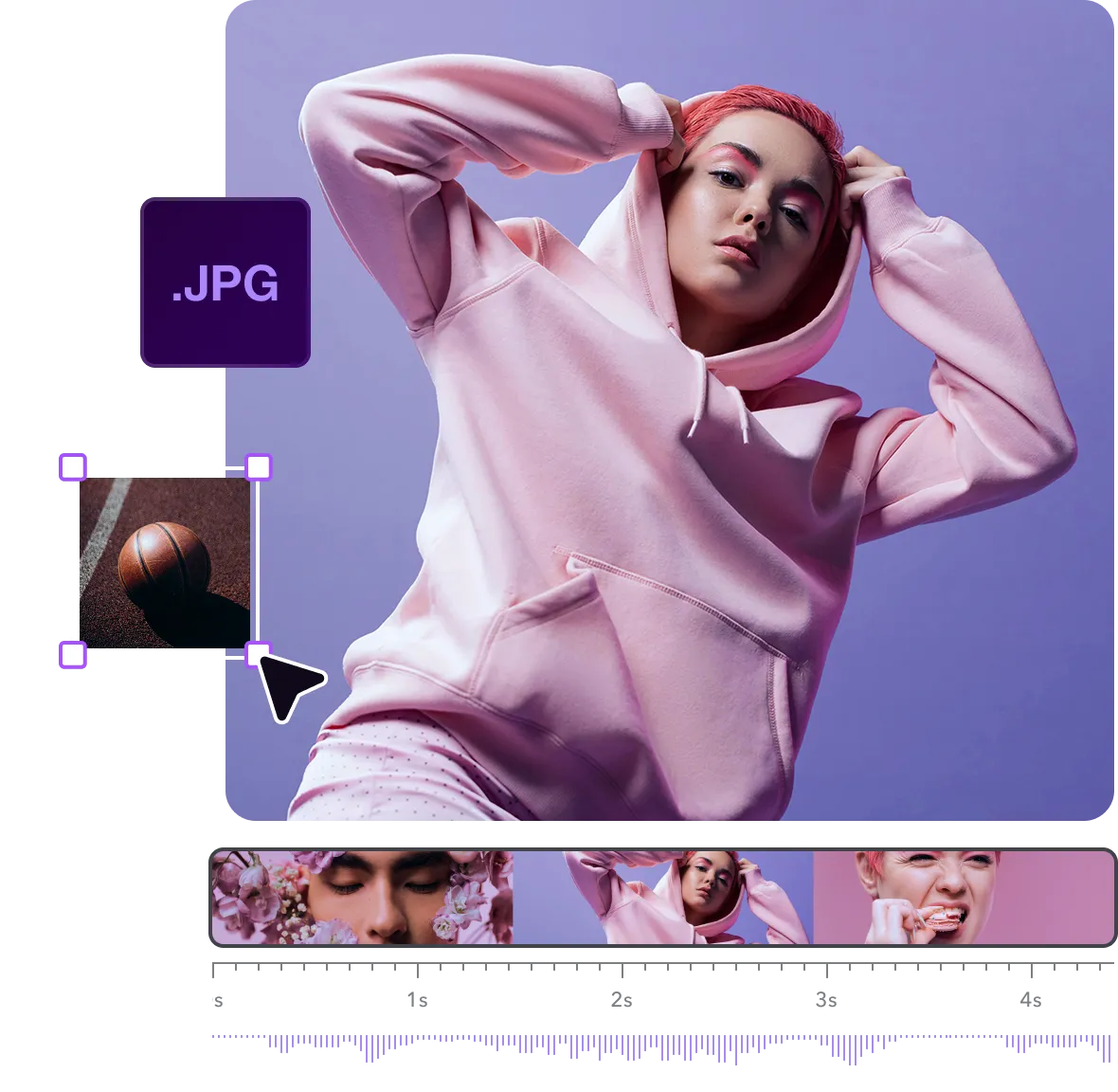 A video editor interface displaying a photo slideshow video in progress.