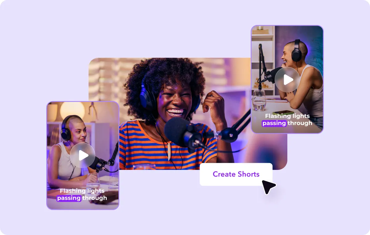 A cursor hovering over a “Create Shorts” button with a 16:9 video frame above, an arrow pointing toward multiple vertical excerpts with subtitles, and the YouTube Shorts logo floating above them.