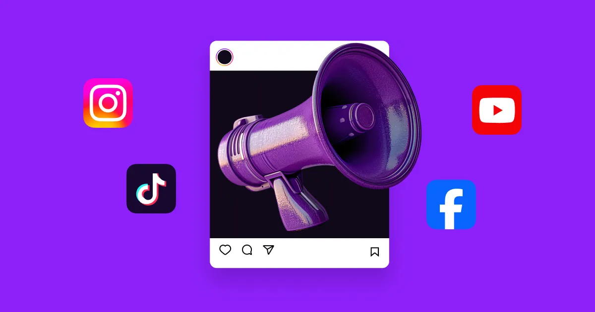 An illustration of a social media post with a megaphone and various social media logos around it.