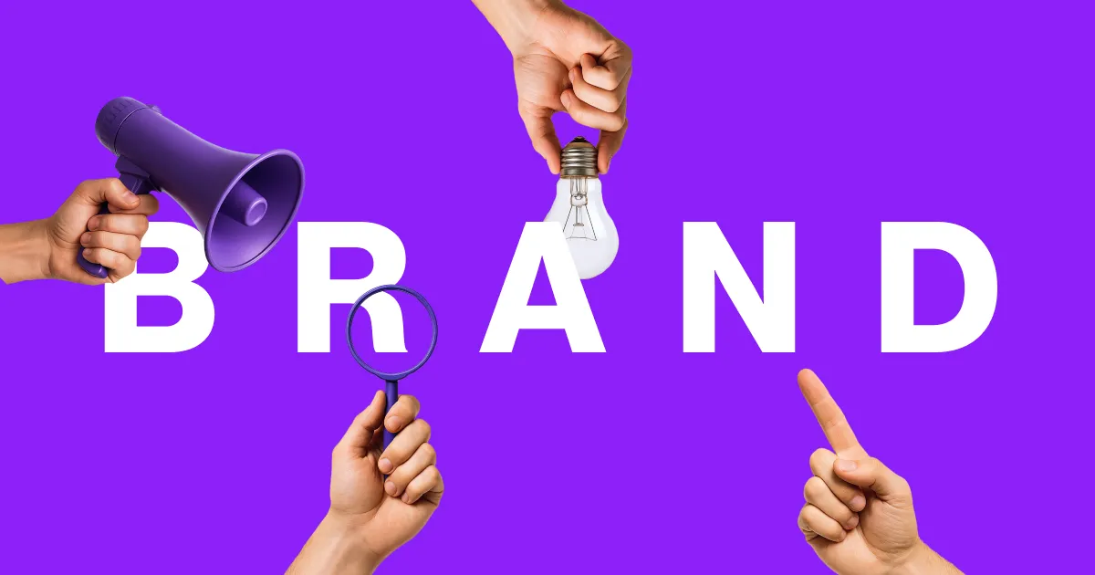 A graphic design featuring the word _brand_ with different hands holding various brand elements.