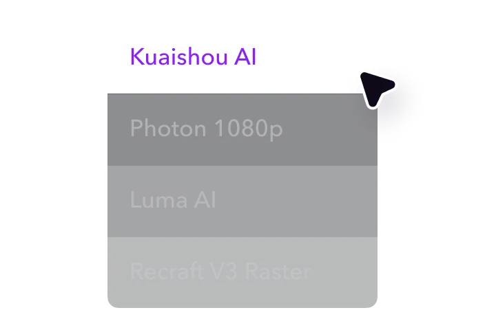 A cursor selecting the Kuaishou AI model from a list of AI video generation models.