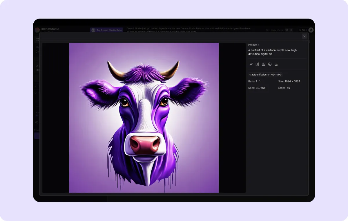An image of a cow made with Stable Diffusion and a prompt on the top right.