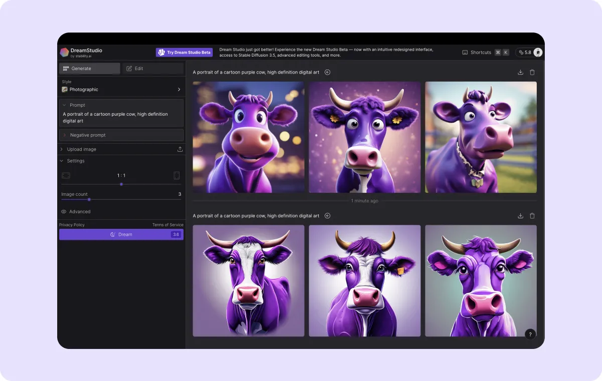 A set of images made with Stable Diffusion inside an AI-image generator platform.