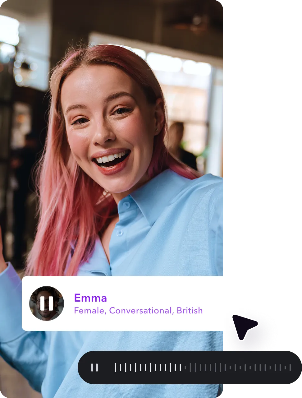 Uma imagem sobreposta por uma forma de onda de áudio e um menu de configurações de voz do personagem.