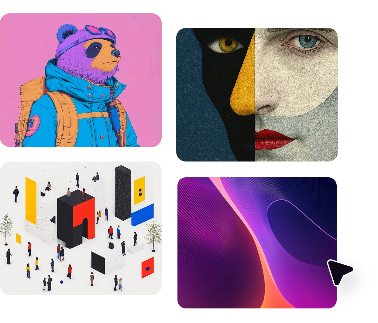 Cursor hovering over one of four AI-generated artworks. 