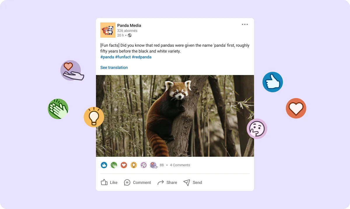 A LinkedIn post with various LinkedIn engagement icons surrounding it.