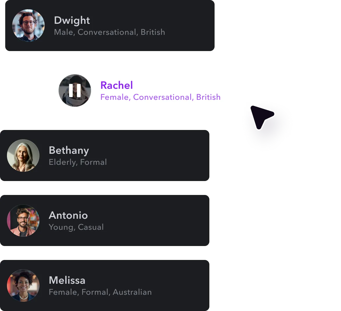 Voice selection menu with various AI voice options including Rachel, Dwight, and Bethany.