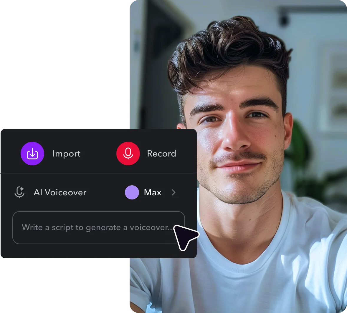 A screenshot of a video with a nearby voiceover menu. A cursor hovers over a text box where you can add a script.