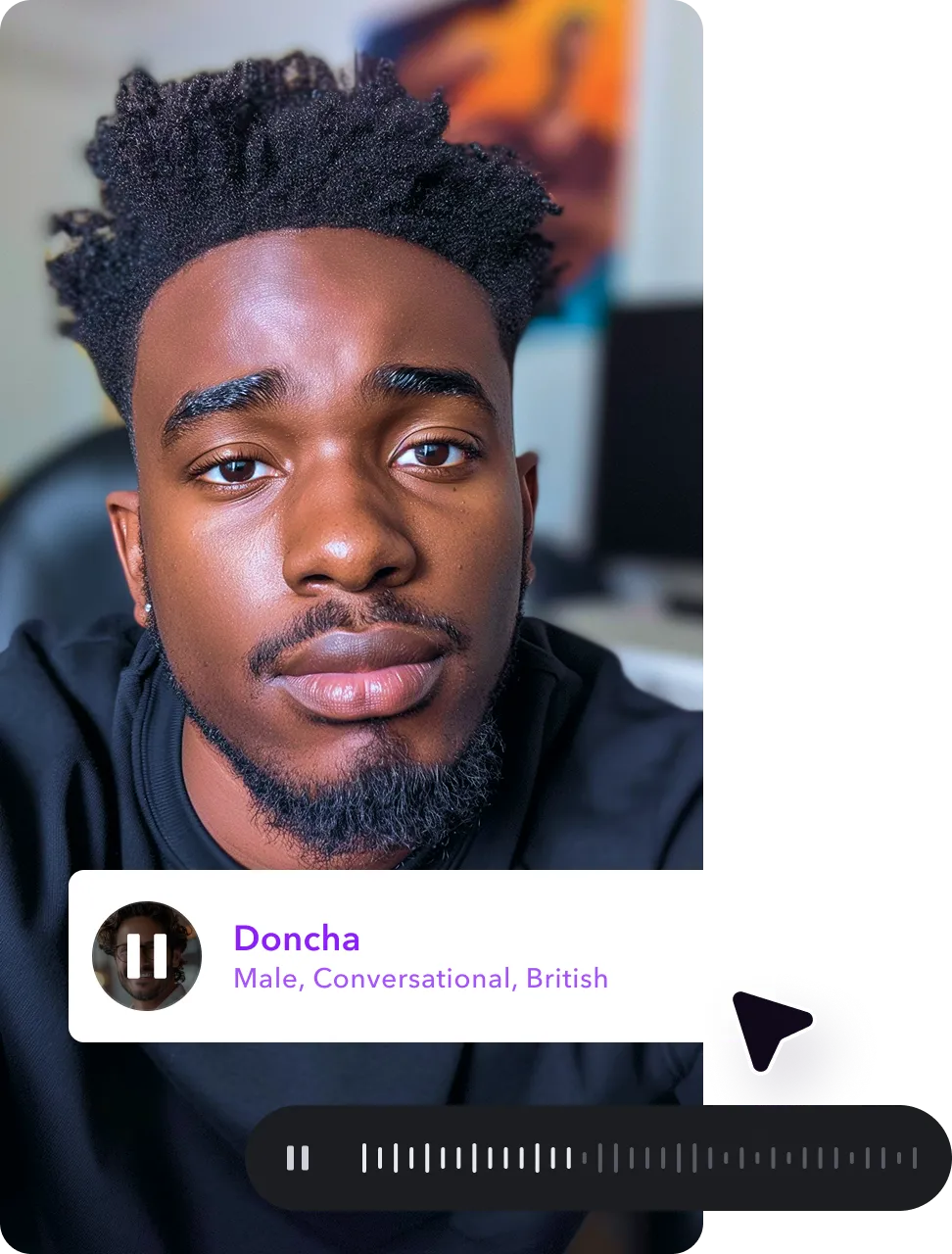 An image of a video with a cursor hovering over a voiceover option called “Doncha.” The option reads, “Male, Conversational, British.”
