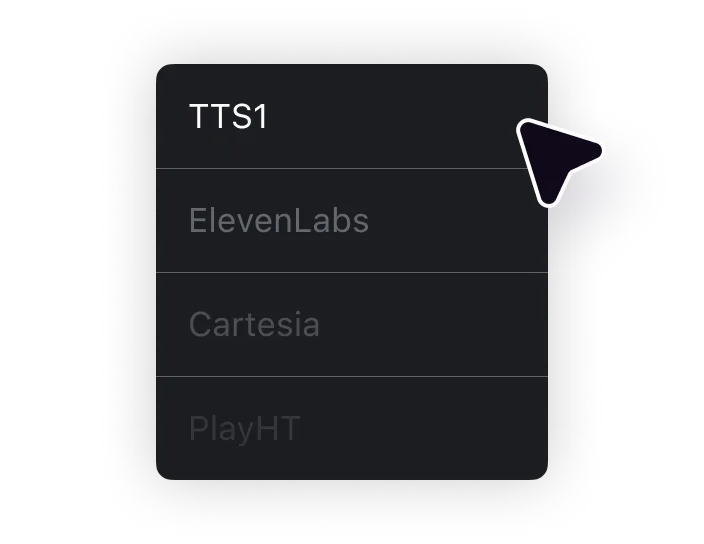 A menu with different AI voiceover options and “TTS-1” highlighted in white.