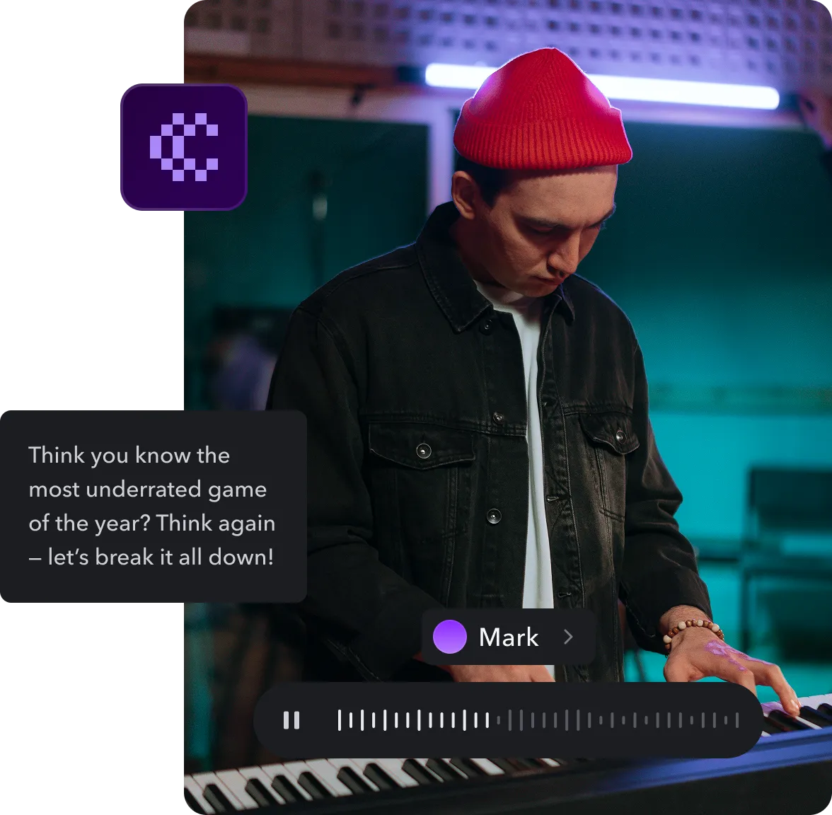 A video frame surrounded by various AI-generated audio clips.